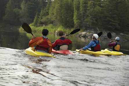 A photograph shows four people in kayaks paddling along a river that winds through a forest.