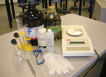 A photograph shows materials for an investigation placed on a lab bench. The materials include olive oil.