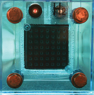 A photograph shows a hydrogen-oxygen fuel cell. The membrane, which acts as a catalyst, is visible inside the cell.
