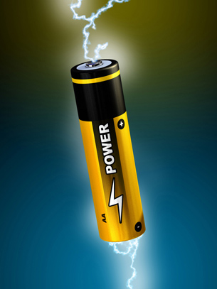 A photograph shows a AA battery with a graphic of electricity flowing from each end.