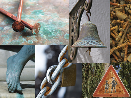 A photographic collage shows different examples of corrosion. Two types of corrosion are shown. The first, rust, is shown as an orange discolouration of metal on bolts, links in a chain, and the centre of a school zone traffic sign. The second, patina, is shown as a green discolouration of copper on the heads of copper nails, a brass bell, and the foot of a bonze statue.