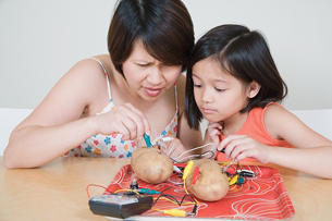 A photograph shows a woman and a young girl constructing electrochemical cells using two potatoes. Many differently coloured electrical wires are shown, some making connections between one of the potatoes and a multimeter.