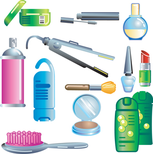 This is an image of several cosmetic products made from petrochemicals. Products include mascara, shampoo, a brush, lipstick, and so on.