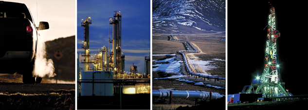A collage of photographs includes one photograph of a truck idling on a dirt road, one photograph of a refinery, one photograph of a pipeline transporting oil across an open landscape, and one photograph of a derrick at the site of an oil well.