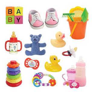 An image shows assorted baby toys all made from plastic.
