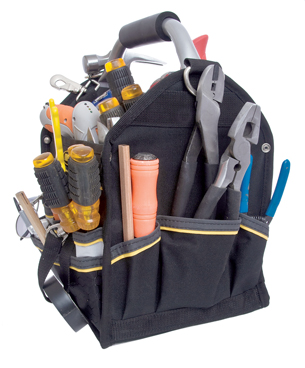 A photograph shows a toolbag made of nylon and filled with tools.