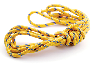 A photograph shows a coiled length of yellow and blue nylon rope.
