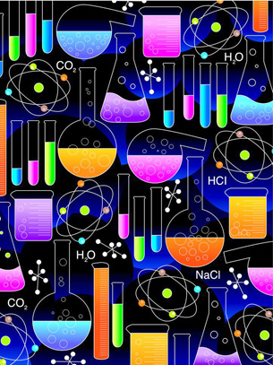 An illustration shows many flasks, test tubes, and chemical formulae.