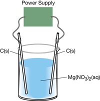 A diagram shows one beaker each containing a solution of Mg(NO3)2(aq) and two carbon electrodes. Each of the carbon electrodes is connected to a power supply with an electrical wire.  