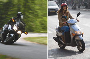 Two photos are shown side by side. The photo on the left shows a rider leaning into a turn while driving a high-performance motorcycle on a country road. The photograph on the right shows a woman entering traffic on a city street as she drives a small, motorized scooter. 
