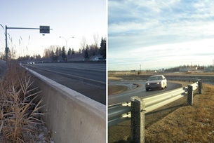 Two photos show cars travelling on highways with roadside barriers in the foreground. In the photo on the left, the roadside barrier is made of solid concrete. In the photo on the right, the roadside barrier is a metal guardrail held in place by wooden posts. 
