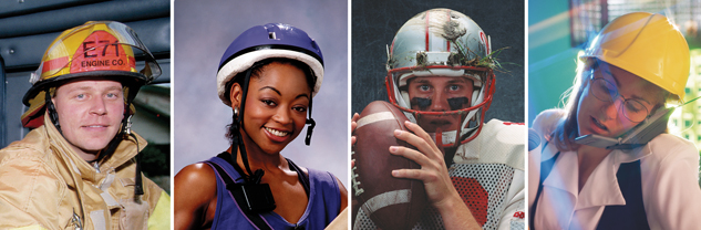 Four photos show people wearing helmets. From left to right, the photos include a male firefighter, a female cyclist, a male football player, and a female engineer. 