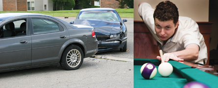 Two photos are shown side by side. The photo on the  right shows a young man about to shoot a cue ball on a pool table toward a solid purple "target" ball. The photo on the left shows a blue car that has just rear-ended a grey car. 