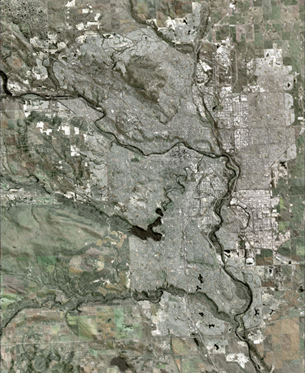 A satellite picture shows Calgary and the surrounding area.