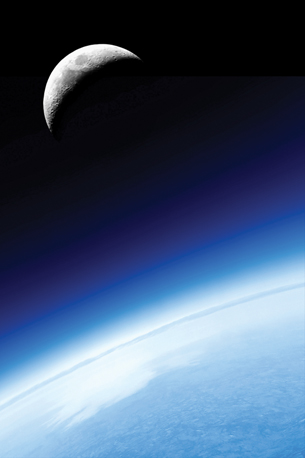 A photo shows a segment of Earth and its atmosphere seen from space, with a quarter moon above. 