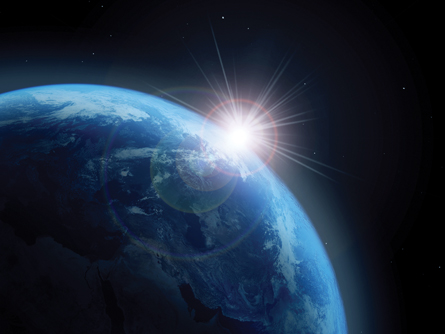 The photo on the left shows the sun shining over the edge of Earth with black space in the background. Underneath each photo are the equations describing the forces that apply in each case. 