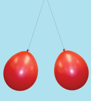 The photo on the right is a custom photo of two balloons repelling one another. Underneath each photo are the equations describing the forces that apply in each case.