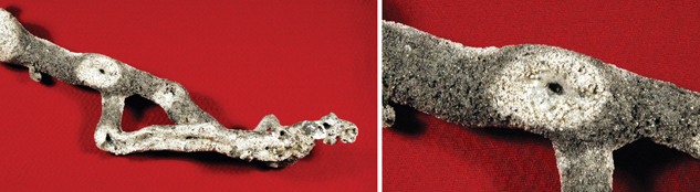 Two photographs show close-ups of a long, branched piece of glass that shows the path of the lightning through the ground.