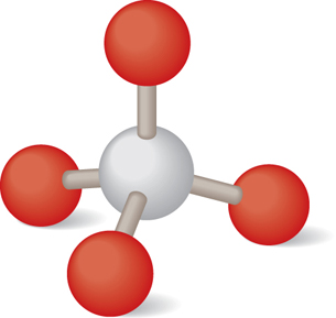 The illustration shows the tetrahedral structure of silica. It shows a central grey sphere with four red spheres attached to it by short posts.