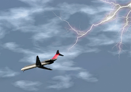 The photo shows an aircraft in flight, with a lightning strike in the background.