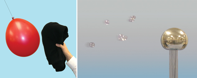 Two photos are shown side by side. The photo on the left shows a charged balloon attracted to a charged sweater. The photo on the right shows soap bubbles with an induced charge attracted to a charged Van de Graaff generator.