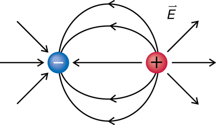 The illustrations show the electric field lines around one negative charge and one positive charge.