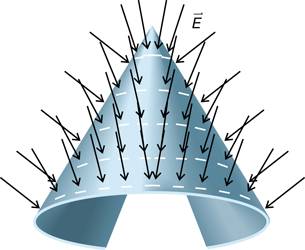 The illustration shows negative charges evenly distributed over a curved metal surface. Note that each electric field arrow points to an individual charge and the electric field arrows are all the same length. 