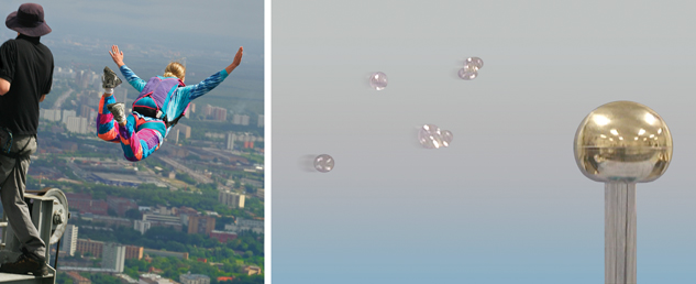 Two photographs are shown side by side. The photo on the left shows a BASE jumper leaping toward Earth. The photo on the right shows bubbles being repelled by a Van de Graaff generator.   