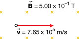 An illustration shows a proton moving towards the right at 7.65 times 10 exponent 5 m/s. The magnetic field is downward with a strength of 5.00 times 10 exponent minus 1 T.