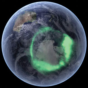 A photograph shows the aurora australis captured by NASA's IMAGE satellite and overlaid onto NASA's satellite-based “Blue Marble” image.