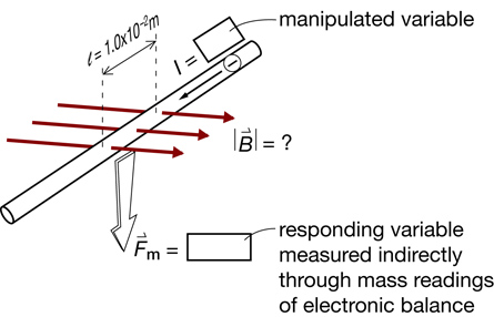 A labelled illustration shows an apparatus for exploring the magnetic field of a current-carrying conductor. The 1.0×10-2 m long horizontal wire is carrying a current out of the page in a magnetic field to the right. The field causes a downward force on the wire.