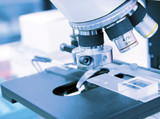 A close-up photo shows the three objective lenses of a microscope in a lab.