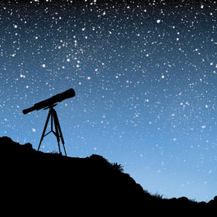 An illustration shows a telescope in silhouette under a night sky filled with stars.