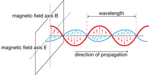 A diagram shows the orientation of the magnetic and electric fields for EMR. It shows a vertical axis at the left for the magnetic field and a horizontal axis running from the left foreground to the right background for the electric field. The direction of propagation moves from left to right perpendicularly from the intersection of the two fields, with the electric and magnetic fields showing in repeating arcs above and below the direction of propagation. One wavelength consists of an arc of each field above and below the propagation line.