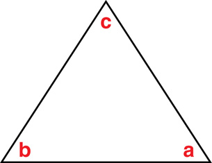 A diagram shows a triangular prism. The equilateral angles are labelled a, b, and c.  