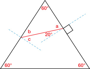 The diagram shows an equilateral triangle, which represents triangular prism ABC, showing an incident and refracted light ray.