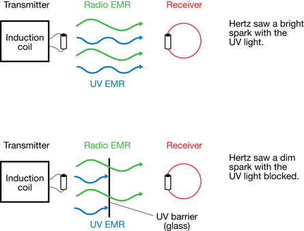 The illustration shows two induction coils, each with radio and UV EMR radiating toward a receiver coil. One induction coil is transmitting EMR in the presence of UV light, and the other with the UV light blocked by a glass barrier. When the UV light is blocked, the UV EMR does not get through to the receiver but the radio EMR does. This shows how the reception of radio EMR improved when UV EMR was shone on the receiver coil by Heinrich Hertz.