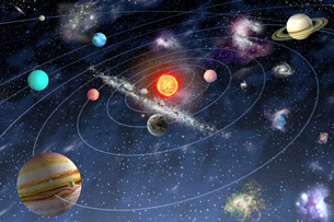 An artistic impression shows the solar system, which is insignificant in size relative to the universe.