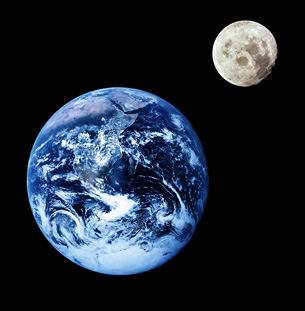 An image from outer space shows Earth in the foreground with the moon in orbit. The Earth-moon system is only a small part of the solar system.