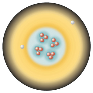 A graphic shows an artist’s impression of the inside of the atom made of electrons, and the grouping of quarks that make neutrons and protons in the nucleus.