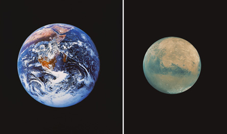 Two photographs are shown—a photo of Earth on the left and a photo of Saturn’s moon Titan on the right. Scientists believe that Titan’s atmosphere is similar to Earth’s early atmosphere.