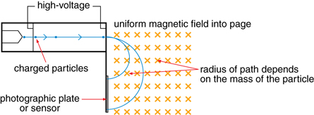 A diagram shows a mass spectrometer, which uses a magnetic field to force a charged particle along a circular path that has a radius that is related to the charged particle’s mass.