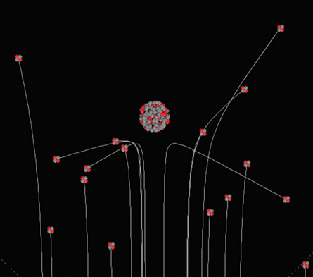 An illustration shows a dense, positively charged nucleus scattering alpha particles.