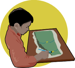 This is an illustration of a boy creating rivers, lakes, mountains, plains, and so on to make a salty dough terrain map.