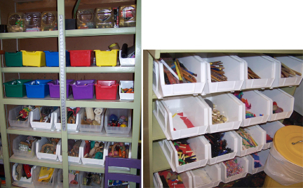 These photos show bins containing a variety of materials. The bins are arranged on shelves that are accessible to children.