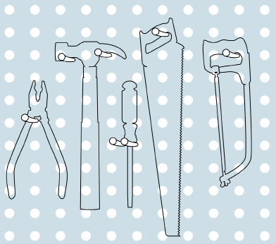 This illustration shows the outline of various tools drawn on a pegboard.