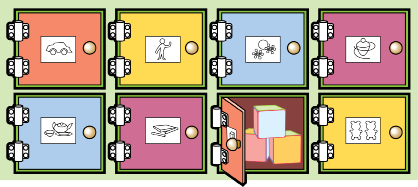 This illustration shows several cupboards that have been labelled with picture labels indicating what is stored in each cupboard.