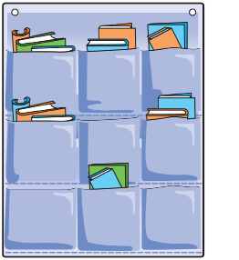 This illustration shows books stored in large pockets on a wall or other vertical surface.