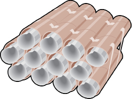 This illustration shows several paper tubes attached to each other with tape. Each tube contains a rolled sheet of paper.