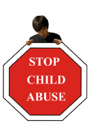 This graphic includes a photo of a child who is hanging onto a sign containing the words Stop Child Abuse.